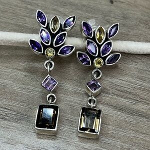 Nicky Butler SS Smokey Quartz, Citrine, Amethyst Multi Gemstone Drop Earrings